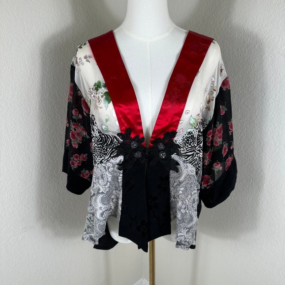 VTG Spencer Alexis Kimono Jacket Women Medium Black Red Floral Boho Patchwork